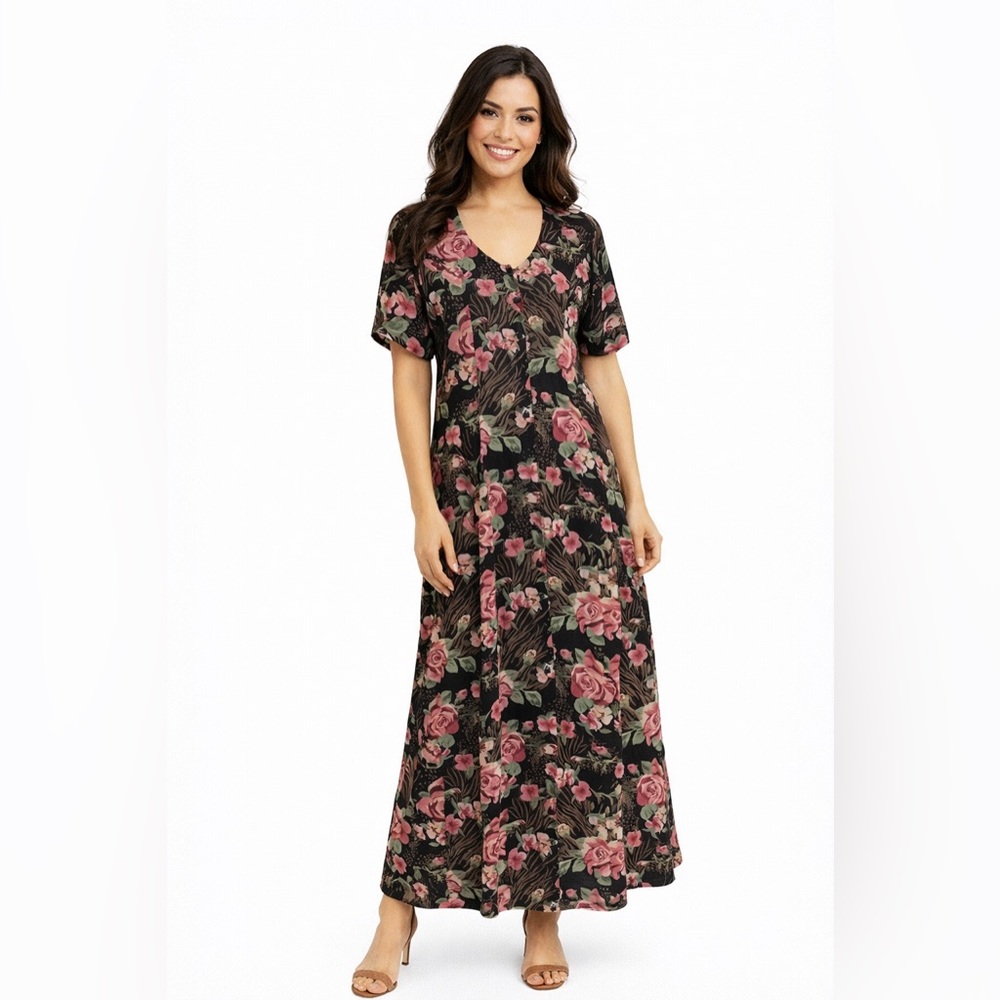 Vintage 90s Monroe & Main Floral Maxi Dress M Black Romantic Boho